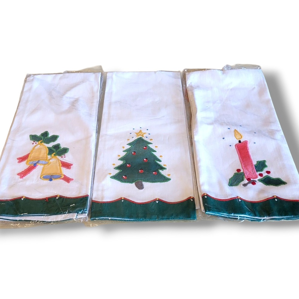 1984 Lillian Vernon Christmas Embroidered Appliqué Guest Towels Set Lot Of 3 Vtg